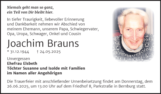 Traueranzeige von Joachim Brauns von Trauerkombi Bernburg