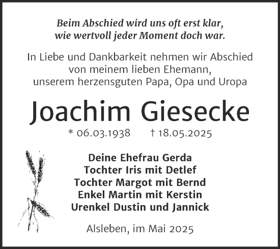 Traueranzeige von Joachim Giesecke von Trauerkombi Bernburg