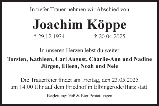 Traueranzeige von Joachim Köppe von Volksstimme Wernigerode