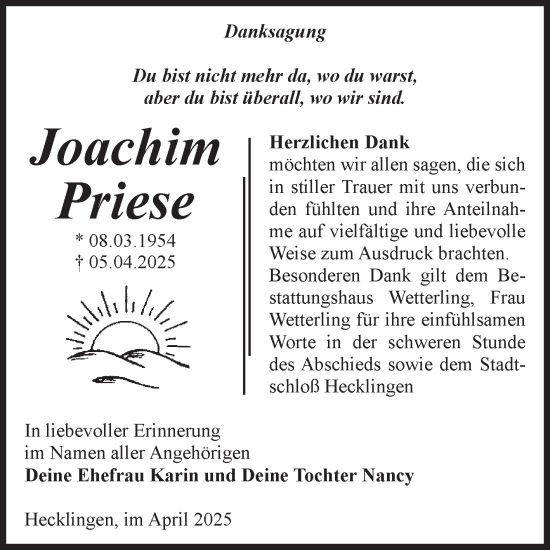 Traueranzeige von Joachim Priese 