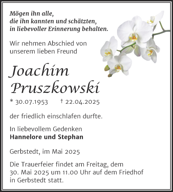 Traueranzeige von Joachim Pruszkowski von Trauerkombi Mansfelder Land