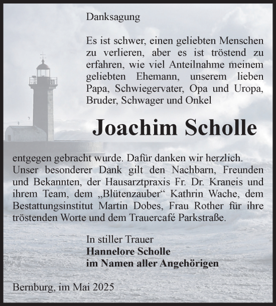 Traueranzeige von Joachim Scholle von Trauerkombi Bernburg