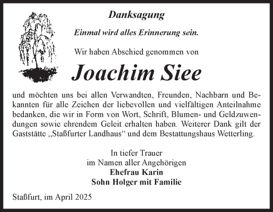 Traueranzeige von Joachim Siee von Volksstimme Staßfurt