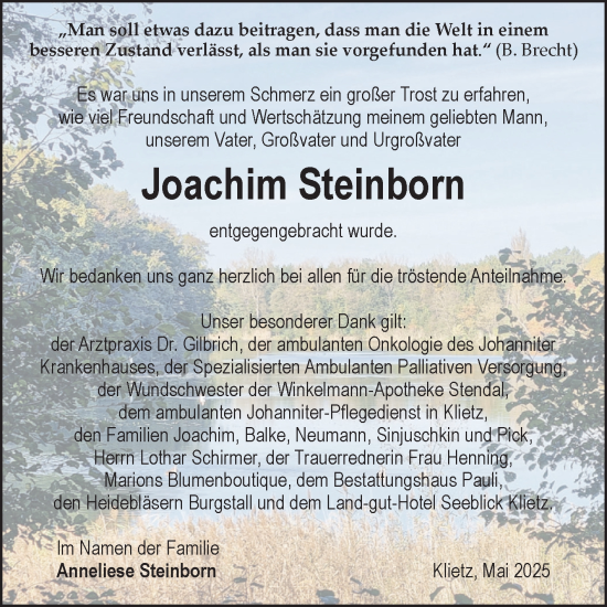 Traueranzeige von Joachim Steinborn von Volksstimme Altmark Ost