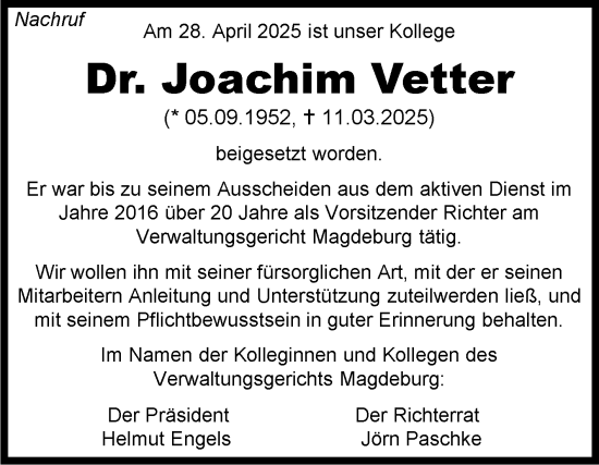 Traueranzeige von Joachim Vetter von Volksstimme Magdeburg