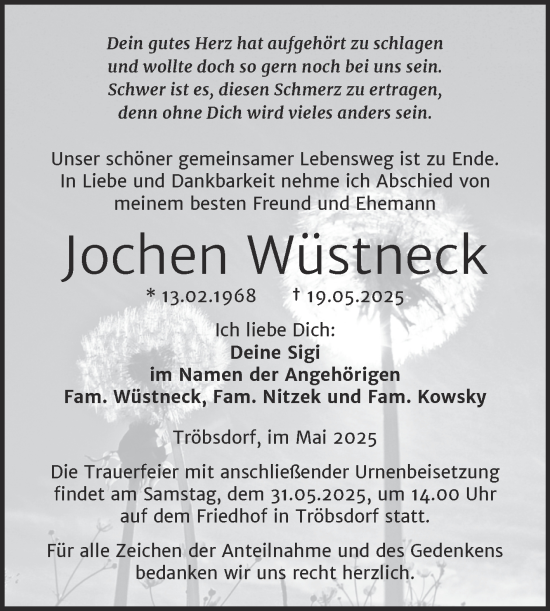 Traueranzeige von Jochen Wüstneck von Super Sonntag Naumburg/Nebra