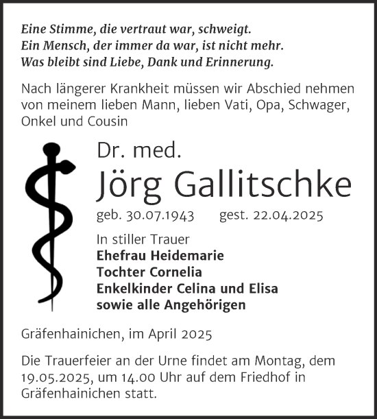 Traueranzeige von Jörg Gallitschke von Trauerkombi Wittenberg