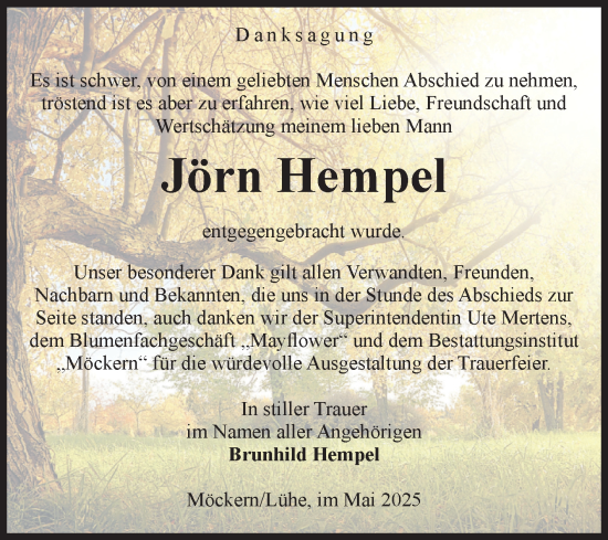 Traueranzeige von Jörn Hempel von Volksstimme Burg/Genthin