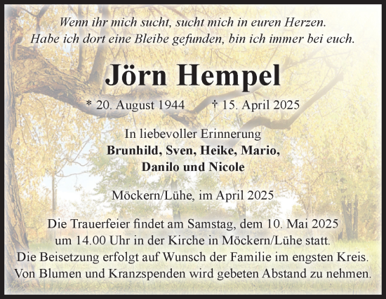 Traueranzeige von Jörn Hempel von Volksstimme Burg/Genthin