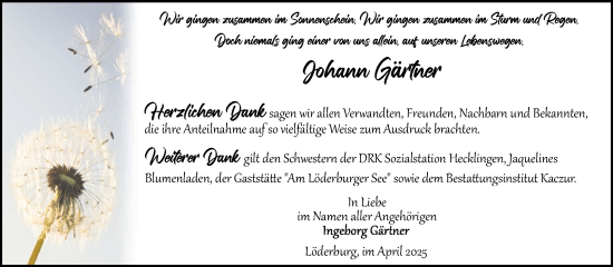 Traueranzeige von Johann Gärtner von Volksstimme Staßfurt