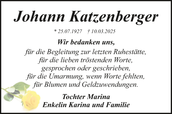 Traueranzeige von Johann Katzenberger von Super Sonntag Wittenberg