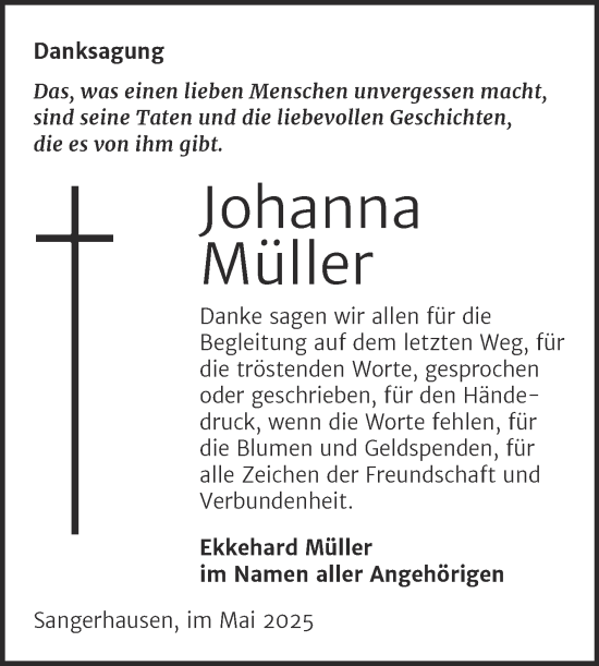 Traueranzeige von Johanna Müller von Trauerkombi Sangerhausen
