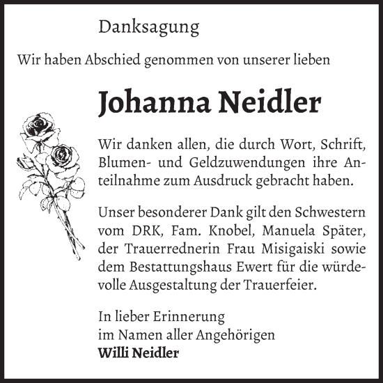 Traueranzeige von Johanna Neidler von Volksstimme Burg/Genthin