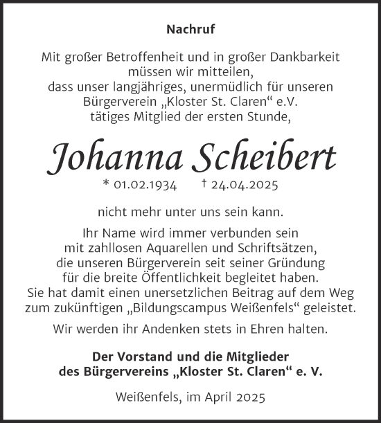 Traueranzeige von Johanna Scheibert von Trauerkombi Weißenfels