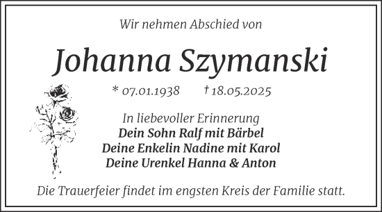 Traueranzeige von Johanna Szymanski von Trauerkombi Dessau