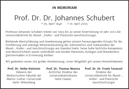 Traueranzeige von Johannes Schubert von Mitteldeutsche Zeitung Halle/Saalkreis