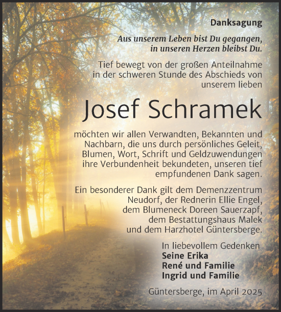 Traueranzeige von Josef Schramek von Trauerkombi Quedlinburg
