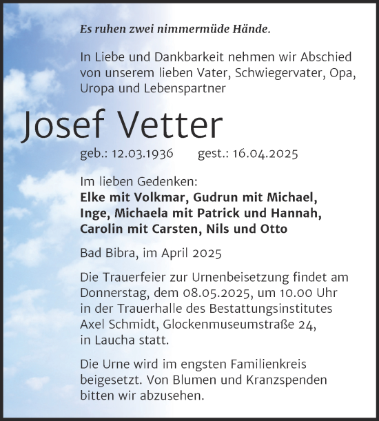 Traueranzeige von Josef Vetter von Super Sonntag Naumburg/Nebra