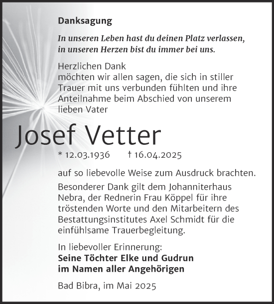 Traueranzeige von Josef Vetter von Super Sonntag Naumburg/Nebra