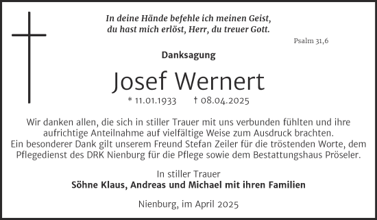 Traueranzeige von Josef Wernert von Trauerkombi Bernburg