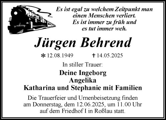 Traueranzeige von Jürgen Behrend von Trauerkombi Dessau