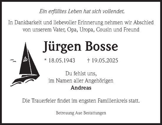 Traueranzeige von Jürgen Bosse von Volksstimme Magdeburg