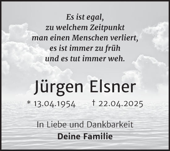 Traueranzeige von Jürgen Elsner von Trauerkombi Mansfelder Land