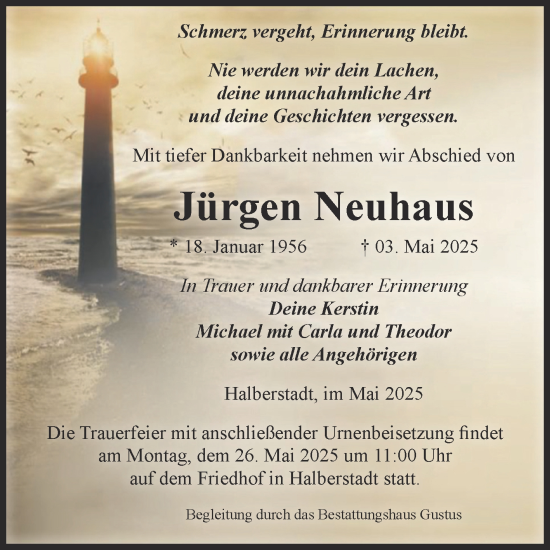 Traueranzeige von Jürgen Neuhaus von Volksstimme Halberstadt