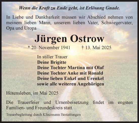 Traueranzeige von Jürgen Ostrow von Volksstimme Oschersleben/Wanzleben