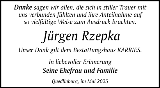 Traueranzeige von Jürgen Rzepka von Trauerkombi Quedlinburg