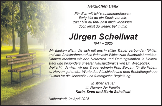 Traueranzeige von Jürgen Schellwat von Volksstimme Halberstadt
