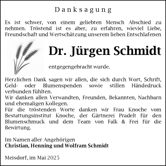 Traueranzeige von Jürgen Schmidt von Trauerkombi Quedlinburg