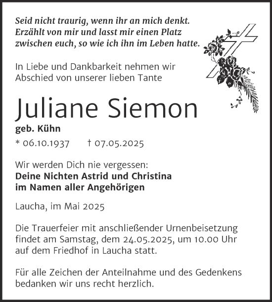 Traueranzeige von Juliane Siemon von Super Sonntag Naumburg/Nebra
