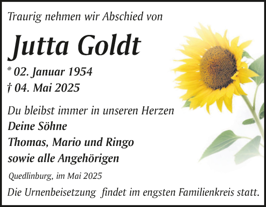 Traueranzeige von Jutta Goldt von Trauerkombi Quedlinburg