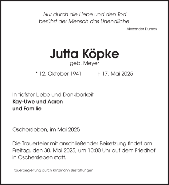 Traueranzeige von Jutta Köpke von Volksstimme Oschersleben/Wanzleben