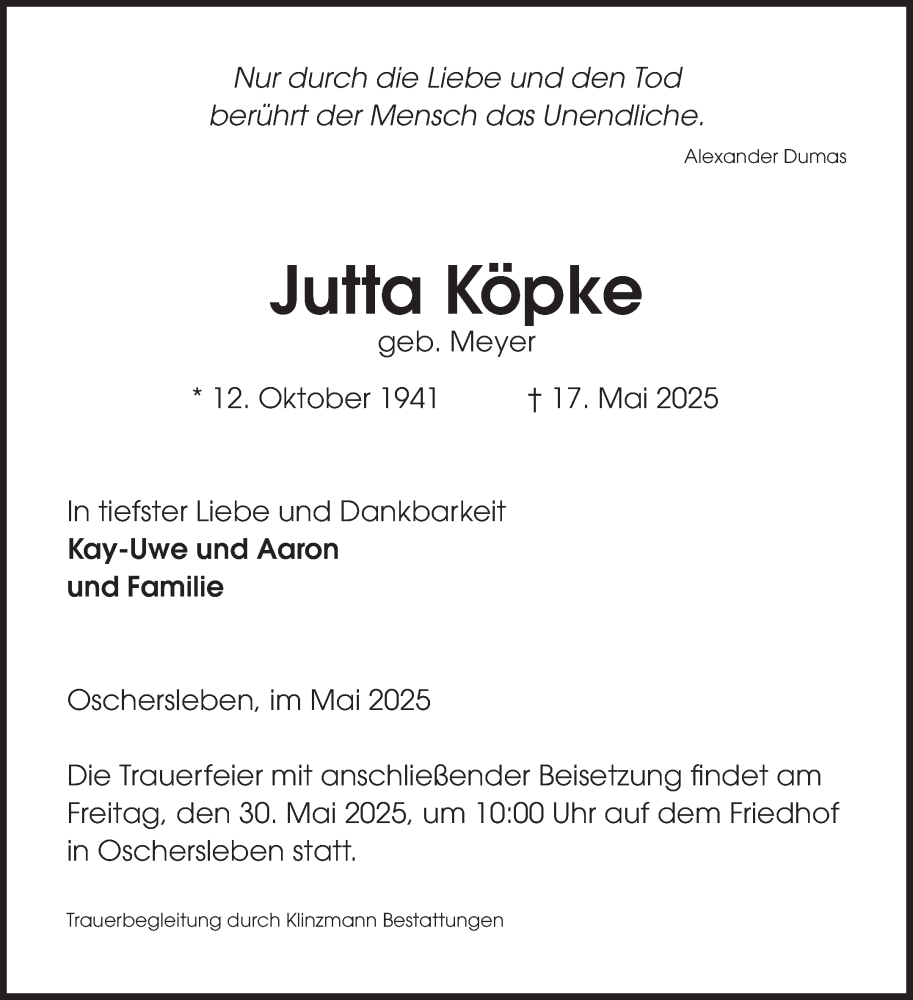  Traueranzeige für Jutta Köpke vom 24.05.2025 aus Volksstimme Oschersleben/Wanzleben
