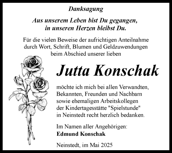 Traueranzeige von Jutta Konschak von Trauerkombi Quedlinburg