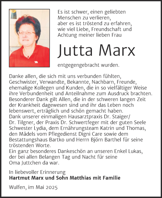 Traueranzeige von Jutta Marx von Trauerkombi Köthen