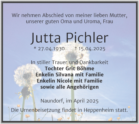 Traueranzeige von Jutta Pichler von Trauerkombi Weißenfels