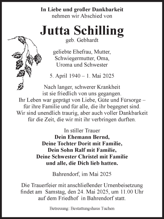 Traueranzeige von Jutta Schilling von Volksstimme Oschersleben/Wanzleben