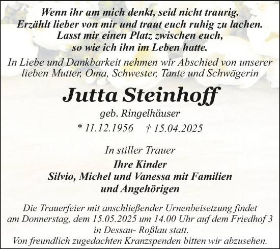 Traueranzeige von Jutta Steinhoff von Trauerkombi Dessau