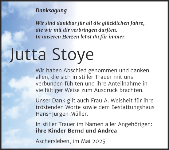 Traueranzeige von Jutta Stoye von Trauerkombi Aschersleben