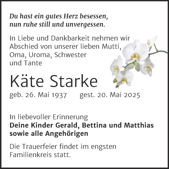 Traueranzeige von Käte Starke von Trauerkombi Zeitz