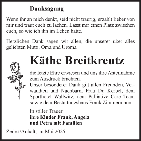Traueranzeige von Käthe Breitkreutz von Volksstimme Zerbst