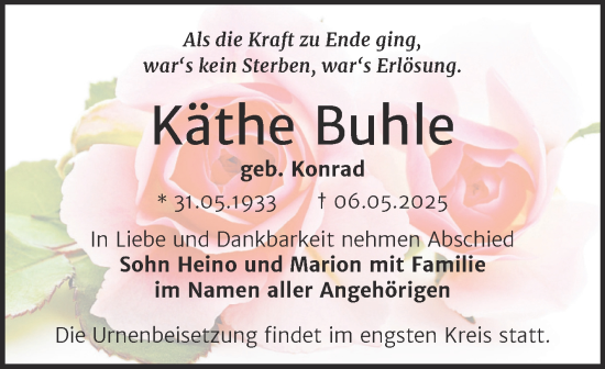 Traueranzeige von Käthe Buhle von Trauerkombi Bernburg