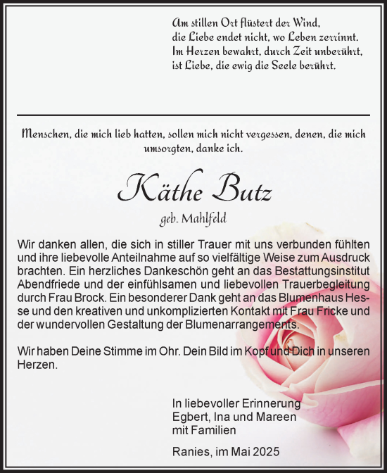 Traueranzeige von Käthe Butz von Volksstimme Schönebeck