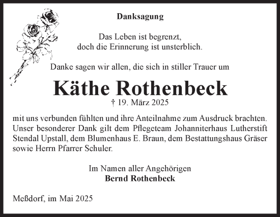 Traueranzeige von Käthe Rothenbeck von Volksstimme Altmark Ost