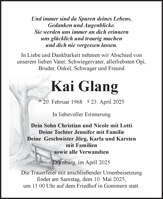 Traueranzeige von Kai Glang von Volksstimme Zerbst