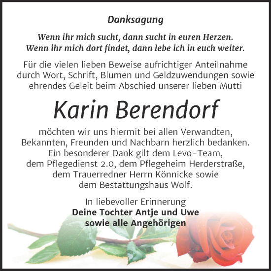 Traueranzeige von Karin Berendorf von Trauerkombi Weißenfels