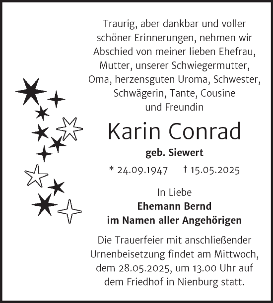 Traueranzeige von Karin Conrad von Trauerkombi Bernburg